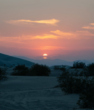 Sunset over desert dunes landscape